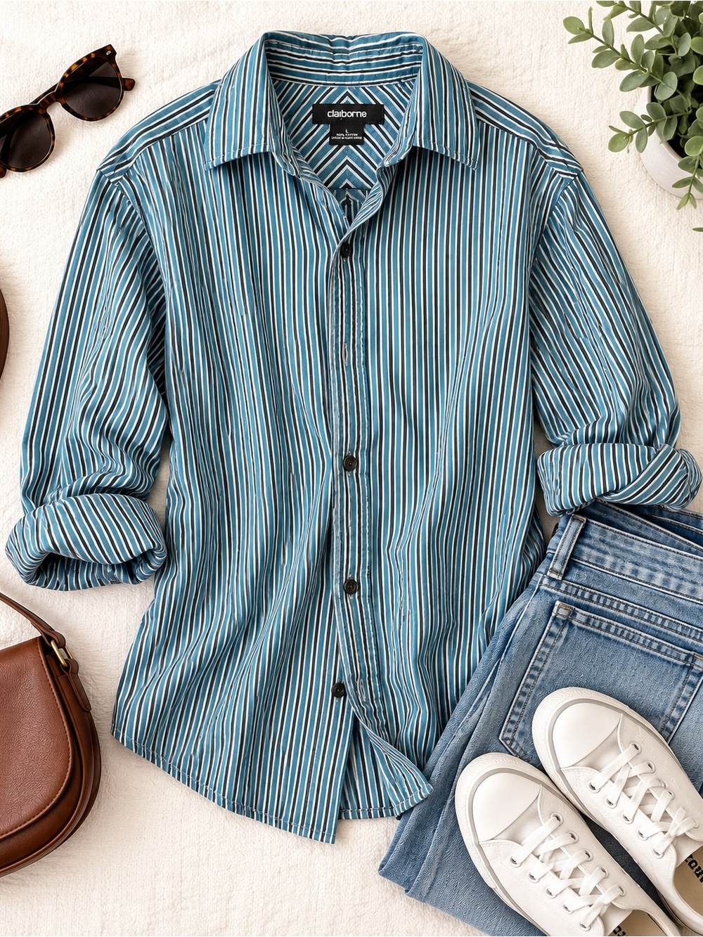 Claiborne Men’s Teal Blue Striped 100% Cotton Button-Down Shirt – Size Large